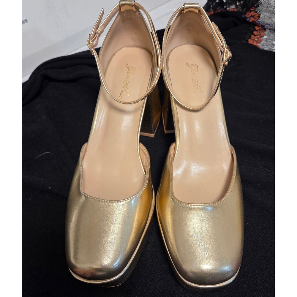 GenShuo Gold Metallic Platform Heels Square Toe Ankle Strap Block Heel Pumps 10
